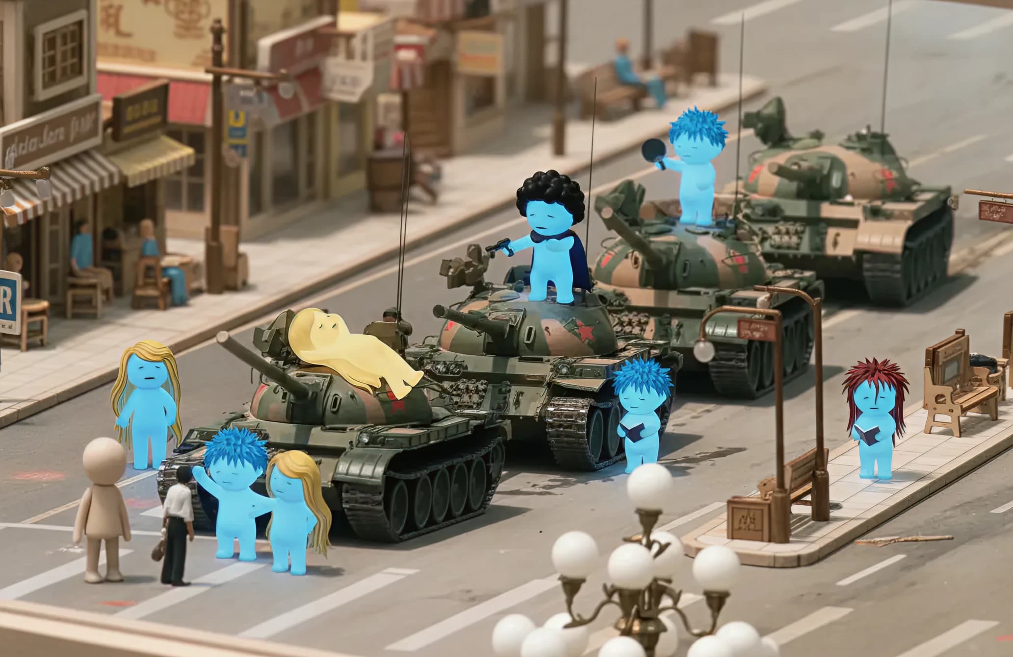 Blue and yellow Mundo figurines stand beside and on top of a line of miniature tanks in a city street.